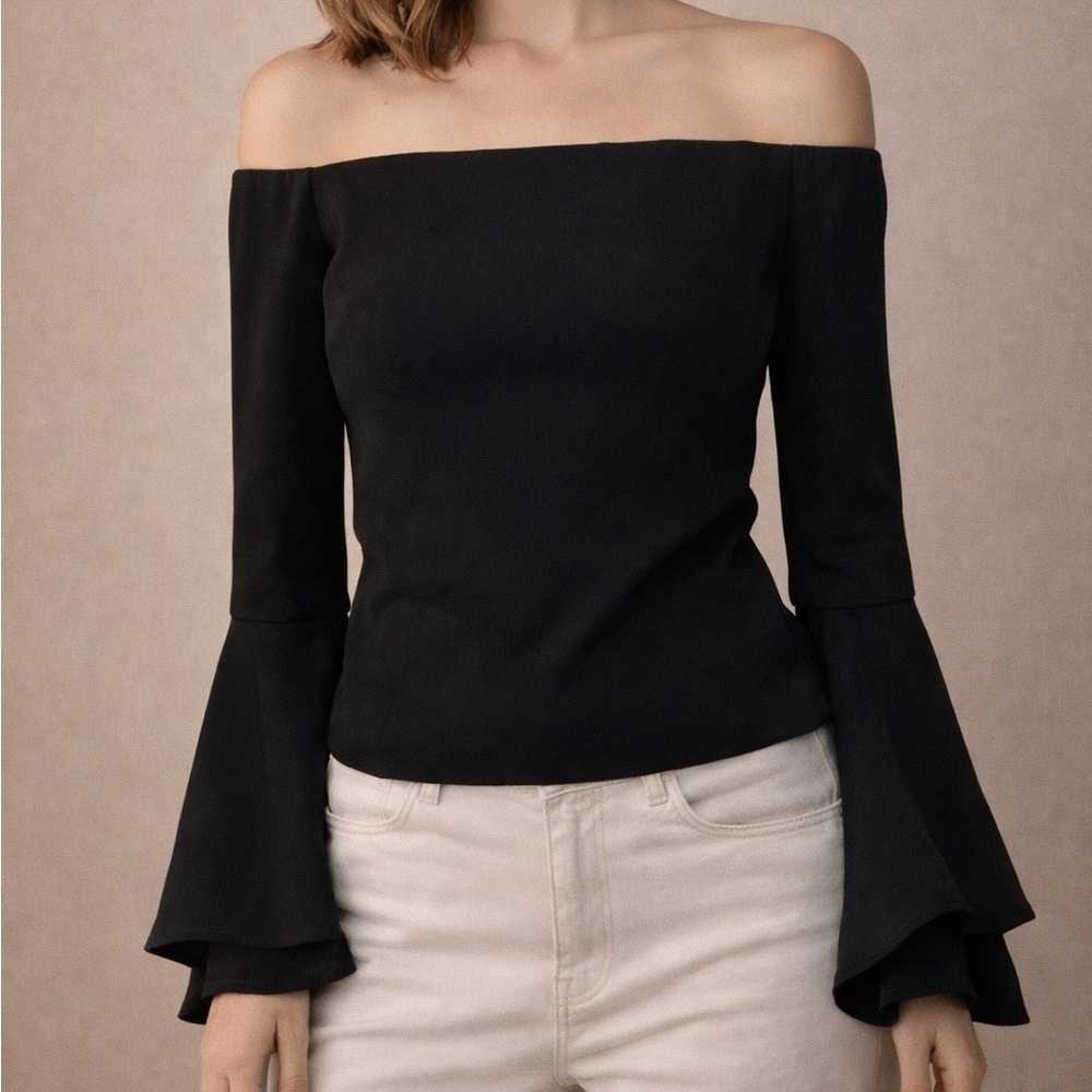 Bardot Black Off-Shoulder Top Size US 6 Bell Sleeve Corset crop Blouse